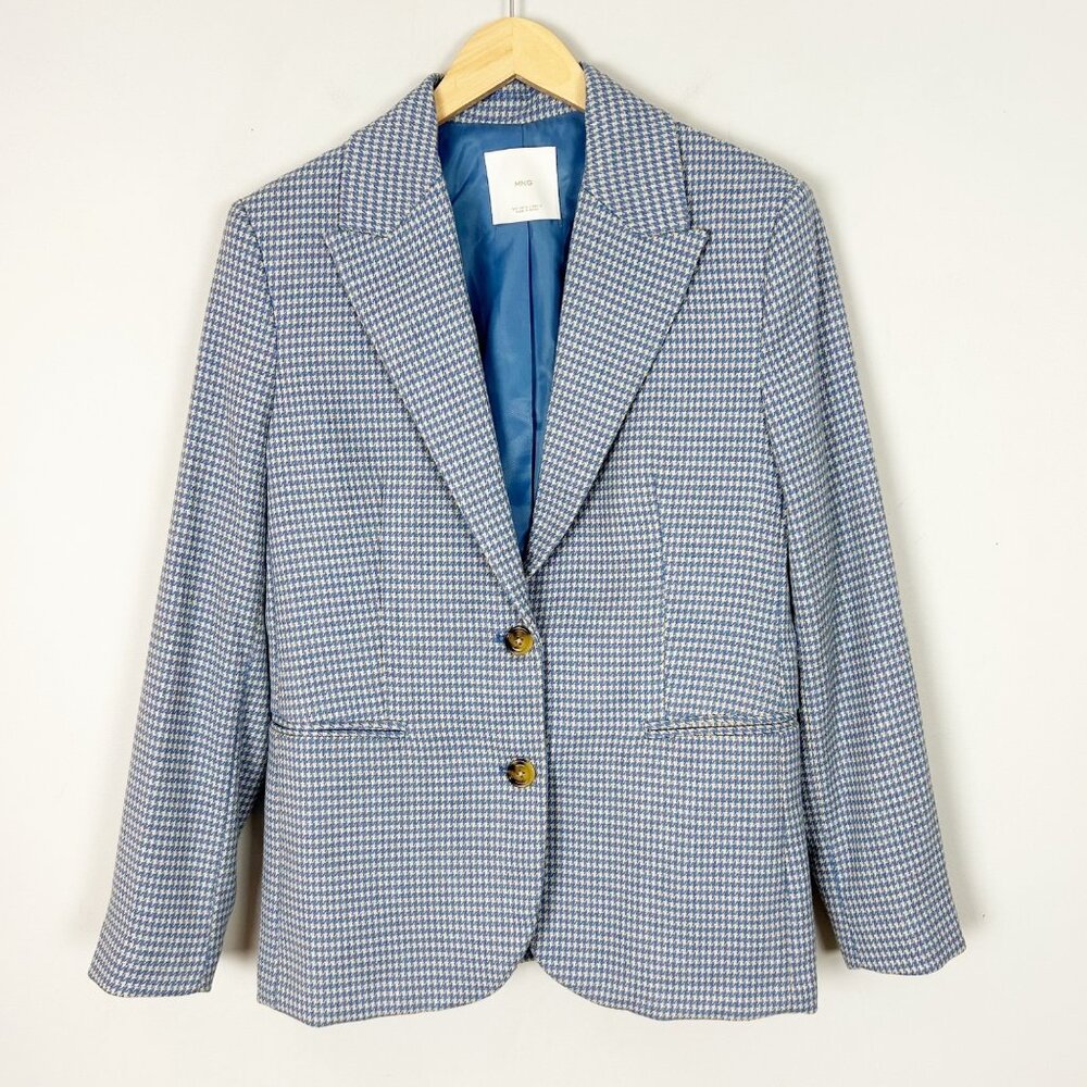 MNG Blue Houndstooth Blazer Jacket Fall Classic Size Medium Women's